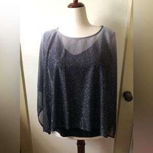 Sheer Top in Black & Gray w Silver Sparkles Overlays Black Sleeveless V-Neck